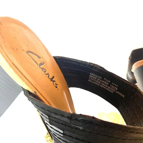 Clarks Womens Black Leather Two Strap Block Heel Slide Sandals Size 7.5M 13276 - Picture 6 of 8